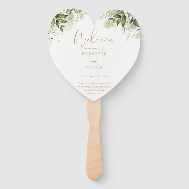Elegant Greenery Floral Gold Wedding Program Heart Hand Fan (Front)