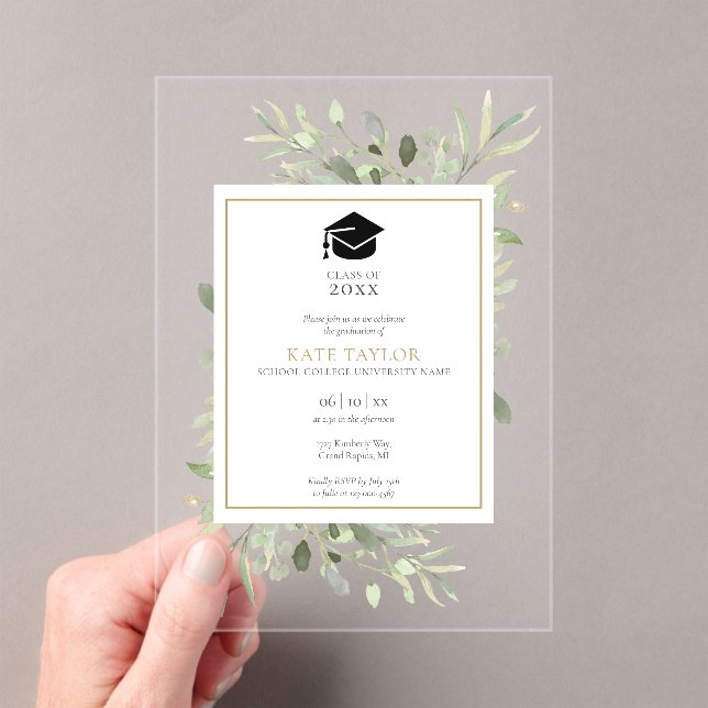 Elegant Greenery Floral Graduation Party Acrylic Invitations (Insitu (Handheld))