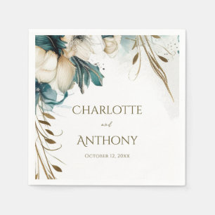 Elegant Greenery Floral Minimal Teal Gold Wedding Napkin