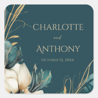 Elegant Greenery Floral Minimal Teal Gold Wedding Square Sticker