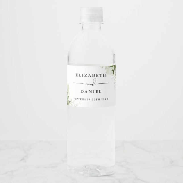 Elegant Greenery Floral Modern Wedding Water Bottle Label (Front)
