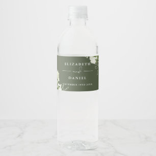 Elegant Greenery Floral Olive Green Wedding Water Bottle Label