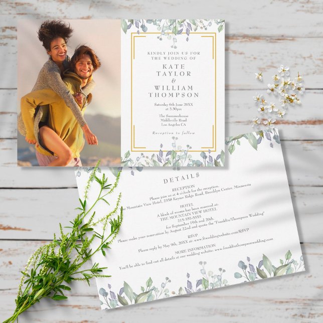 Elegant Greenery Floral Photo All In One Wedding Invitation (Creator Uploaded)