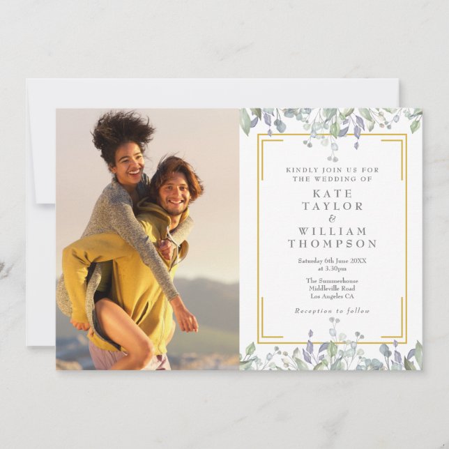 Elegant Greenery Floral Photo QR Code Wedding Invitation (Front)