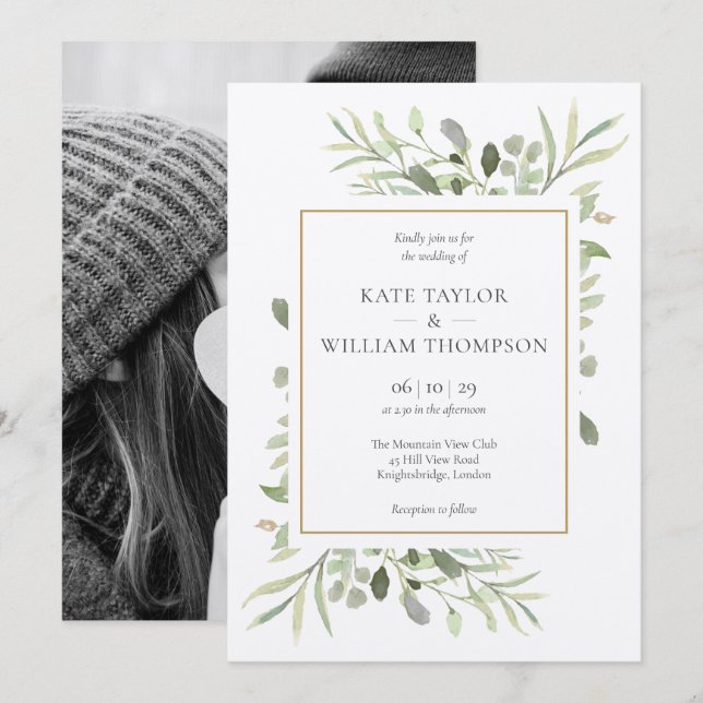 Elegant Greenery Floral Photo Wedding Invitation (Front/Back)