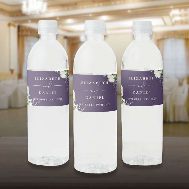 Elegant Greenery Floral Purple Wedding Water Bottle Label (Elegant Greenery Floral Purple Wedding Water Bottle Label)