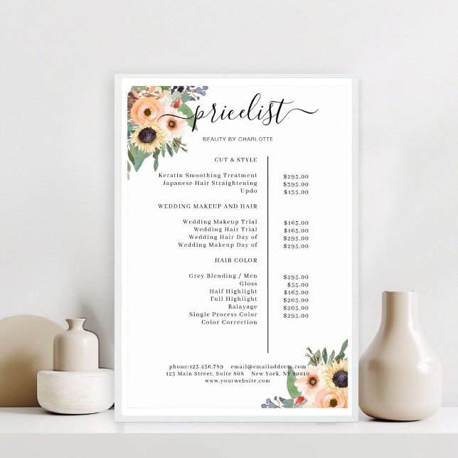 Elegant Greenery Floral Salon  Poster (Greenery Floral Salon Price List Poster)