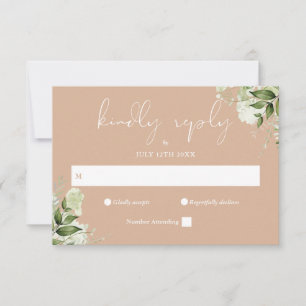 Elegant Greenery Floral Tan Wedding RSVP Card