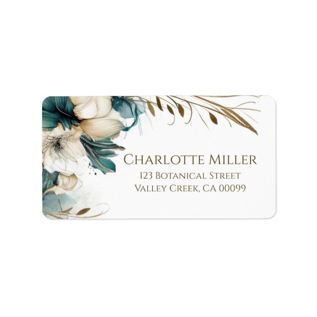 Elegant Greenery Floral Teal Gold Wedding Label (Front)
