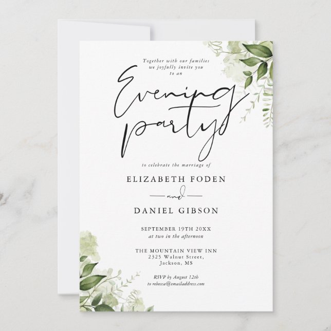 Elegant Greenery Floral Wedding Evening Party Invitation (Front)