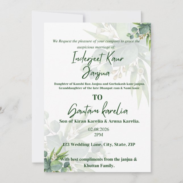 Elegant Greenery Floral Wedding Invitation  (Front)