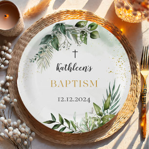 Elegant Greenery Foliage Baptism Paper Plate