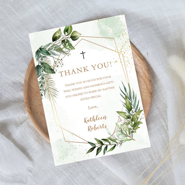 Elegant Greenery Foliage Baptism Thank You Card (Creator Uploaded)