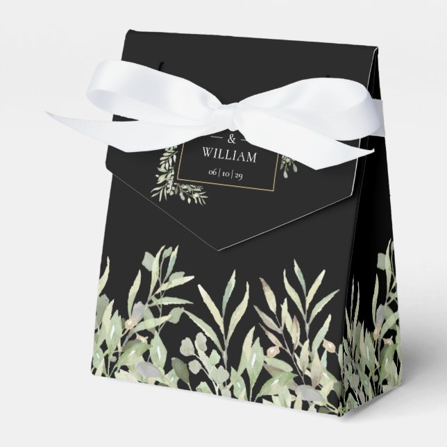 Elegant Greenery Foliage Black Gold Wedding Favour Box (Front Side)