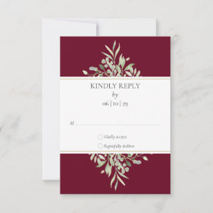 Elegant Greenery Foliage Burgundy Wedding RSVP Card