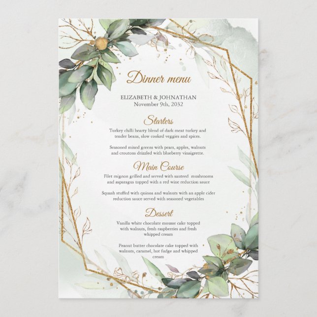Elegant greenery foliage faux gold geometric menu (Front)