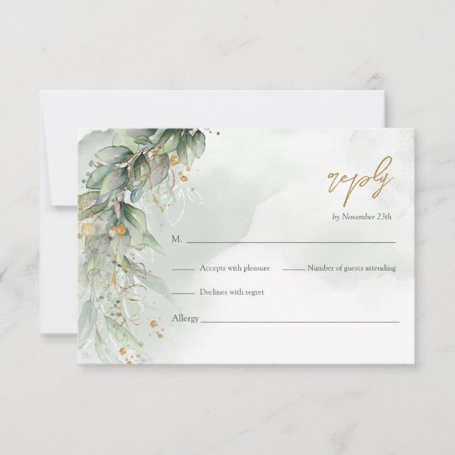 Elegant greenery foliage faux gold geometric RSVP Card (Front)