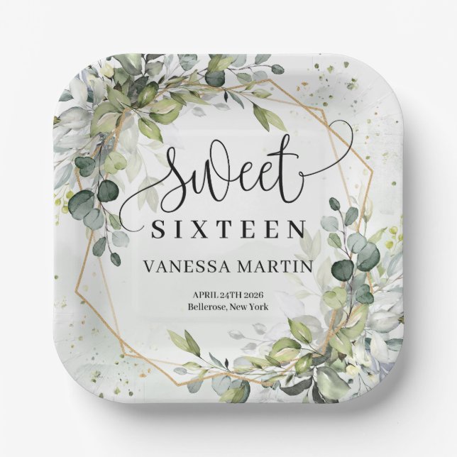 Elegant greenery foliage faux gold sweet sixteen paper plate (Front)