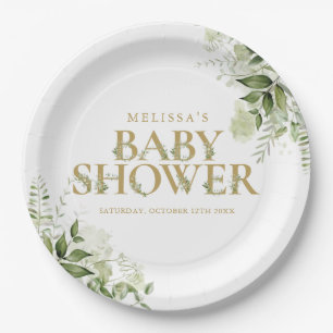 Elegant Greenery Foliage Gold Baby Shower Paper Plate