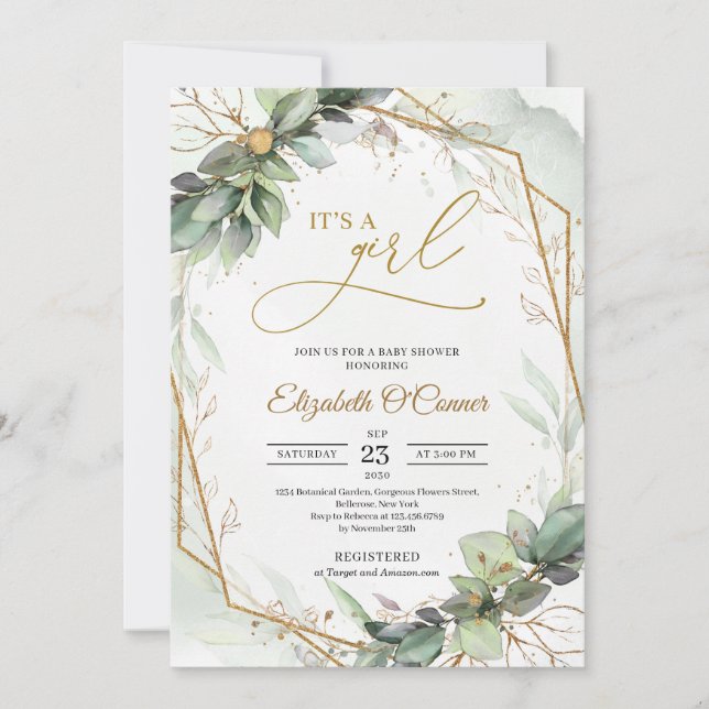 Elegant greenery foliage gold frame It's a girl Invitation (Front)