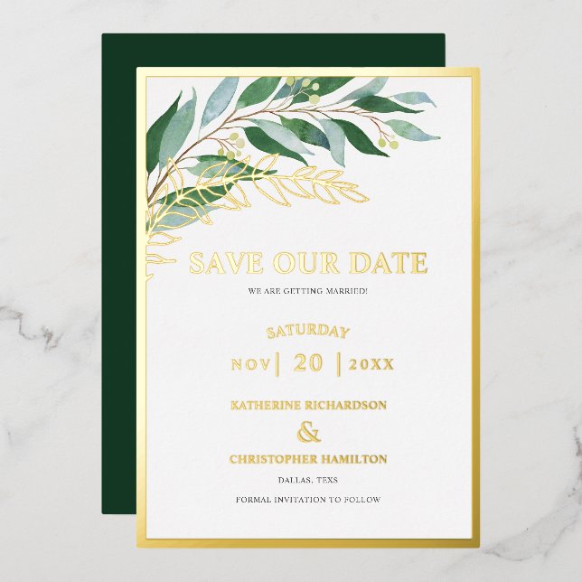 Elegant Greenery Foliage Green Save The Date (Front/Back)
