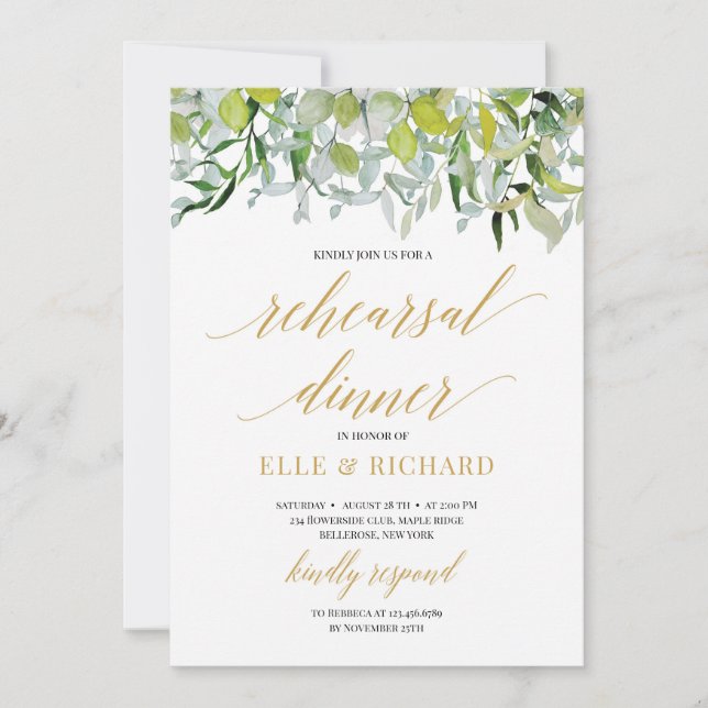 Elegant greenery foliage leaves gold rehearsal invitation (Front)