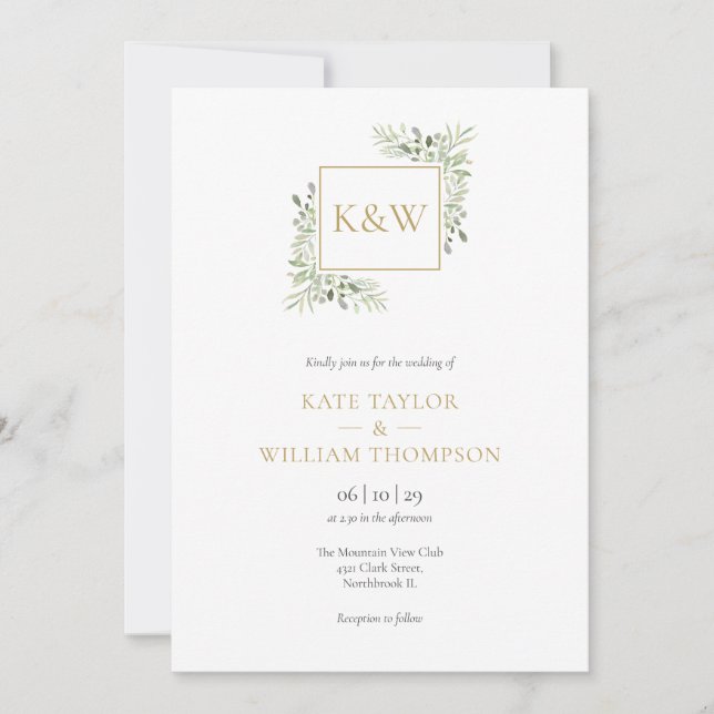 Elegant Greenery Foliage Monogram Wedding Invitation (Front)