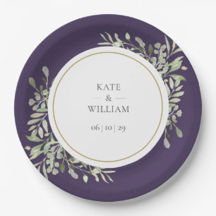 Elegant Greenery Foliage Purple Wedding Paper Plate