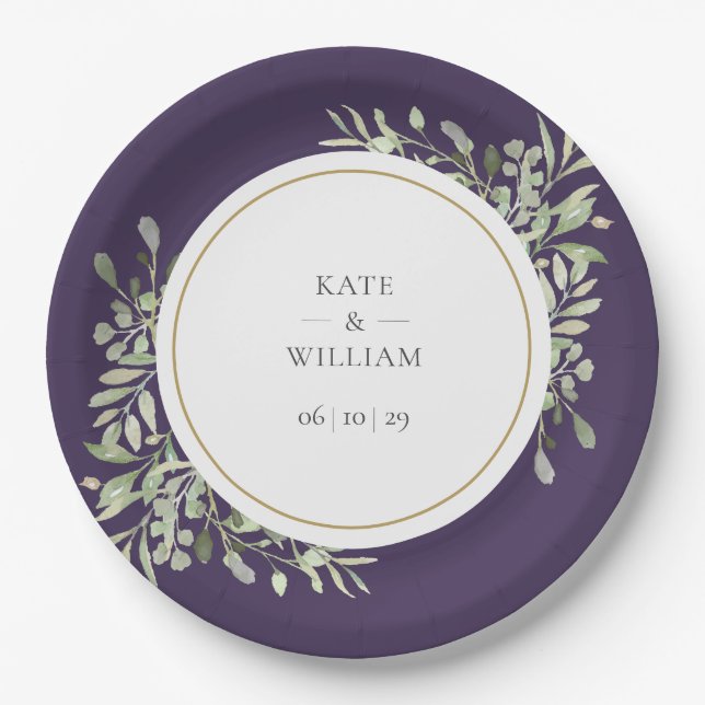 Elegant Greenery Foliage Purple Wedding Paper Plate (Front)