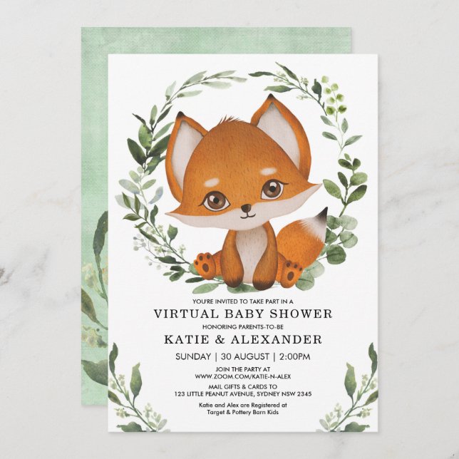 Elegant Greenery Fox Virtual Baby Shower By Mail Invitation (Front/Back)