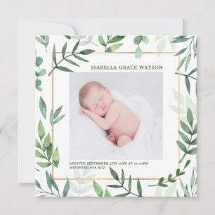 Elegant Greenery Frame   Baby Photo Birth Announcement