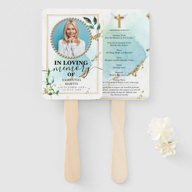 Elegant Greenery Funeral Celebration of Life Hand Fan (Front and Back)