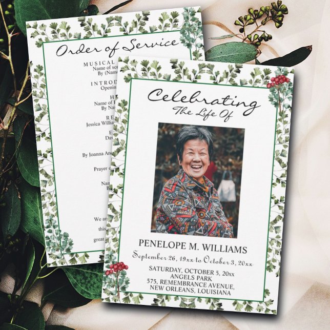 Elegant Greenery Funeral Order of Service Program Invitation (Creator Uploaded)