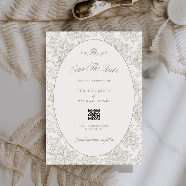 Elegant Greenery Garden Sage Green Wedding QR Code Save The Date (Creator Uploaded)