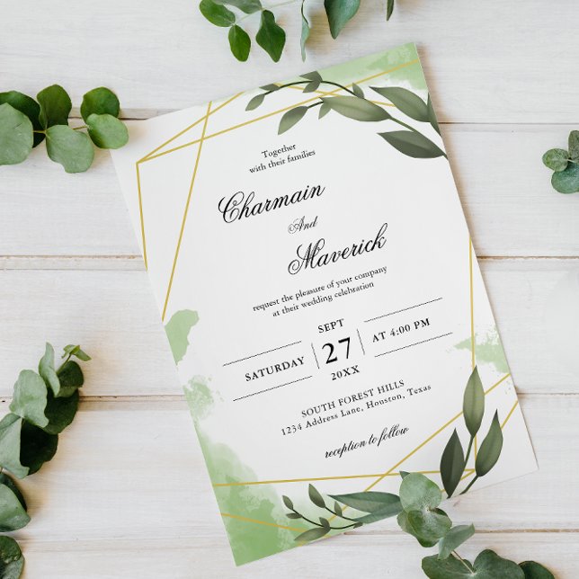 Elegant Greenery Geo Frame Eucalyptus Leaf Wedding Invitation (Creator Uploaded)