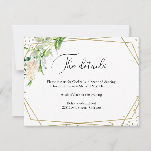 Elegant Greenery Geometric Wedding Reception Card (Front)