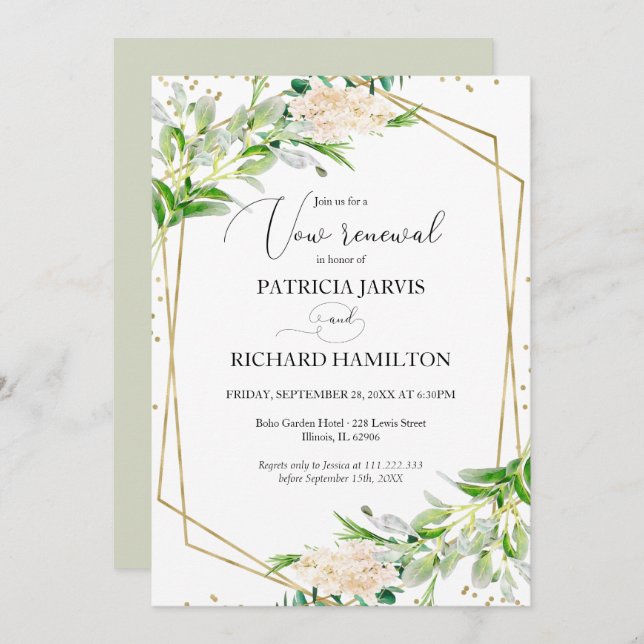 Elegant Greenery Geometric Wedding Vow Renewal Invitation (Front/Back)