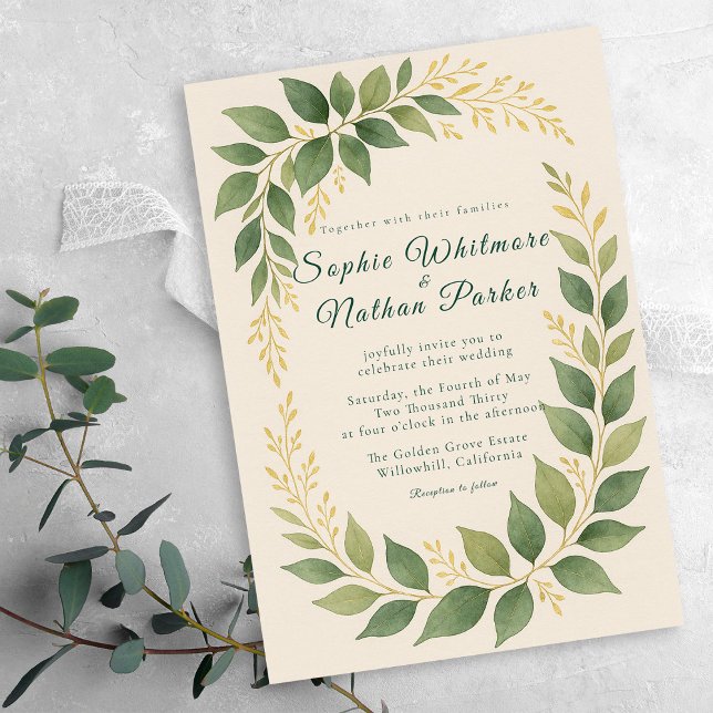Elegant Greenery Gold Accents Wedding Invitation (Creator Uploaded)