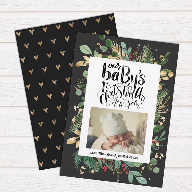Elegant Greenery Gold Berry Baby First Christmas  Holiday Card (Creator Uploaded)