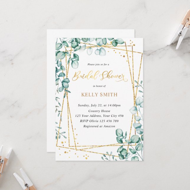 Elegant Greenery Gold Bridal Shower Invitation (Front/Back In Situ)