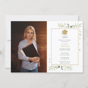 Elegant Greenery Gold Cap Graduation Party Photo I Invitation