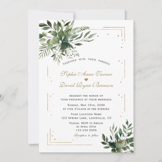 Elegant Greenery Gold Confetti Wedding Invitation (Front)