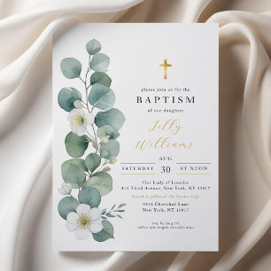 Elegant Greenery Gold Cross Baptism Invitation 