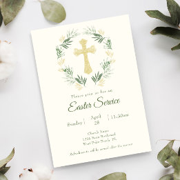 Elegant Greenery Gold Cross Church Easter Service Invitation
