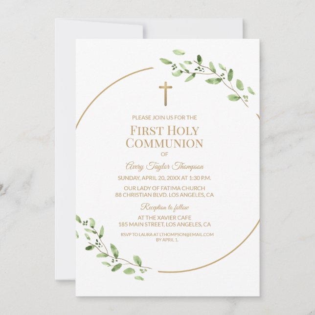 Elegant Greenery Gold Cross First Holy Communion  Invitation (Front)