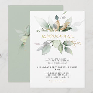 Elegant Greenery & Gold Eucalyptus Wedding Invitation