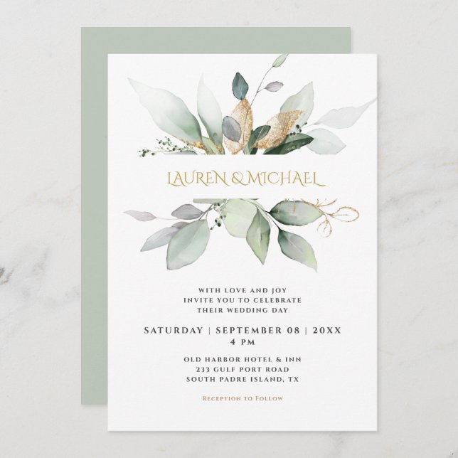 Elegant Greenery & Gold Eucalyptus Wedding  Invitation (Front/Back)