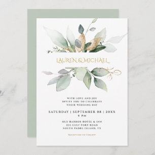 Elegant Greenery & Gold Eucalyptus Wedding Invitation