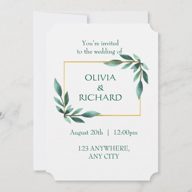 Elegant Greenery Gold Frame Minimalist Invitation (Front)