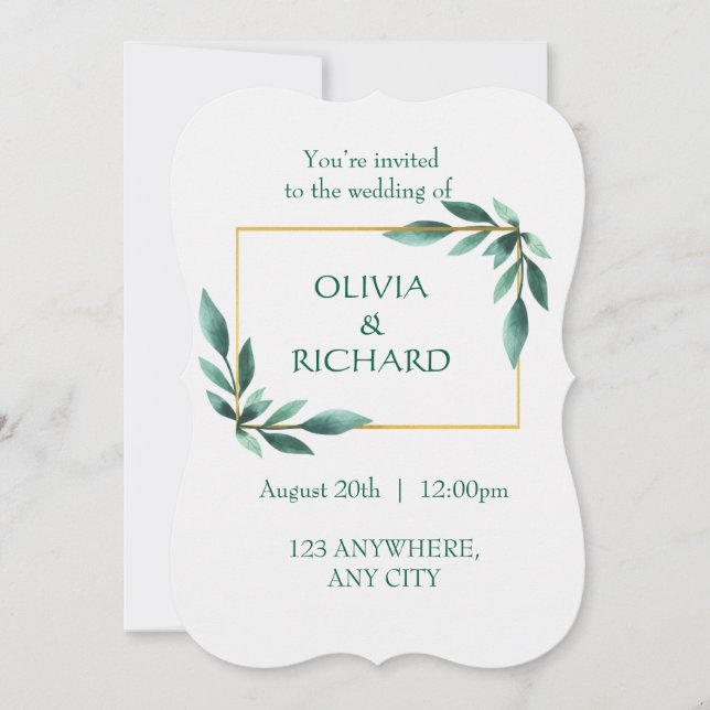 Elegant Greenery Gold Frame Minimalist Invitation (Front)